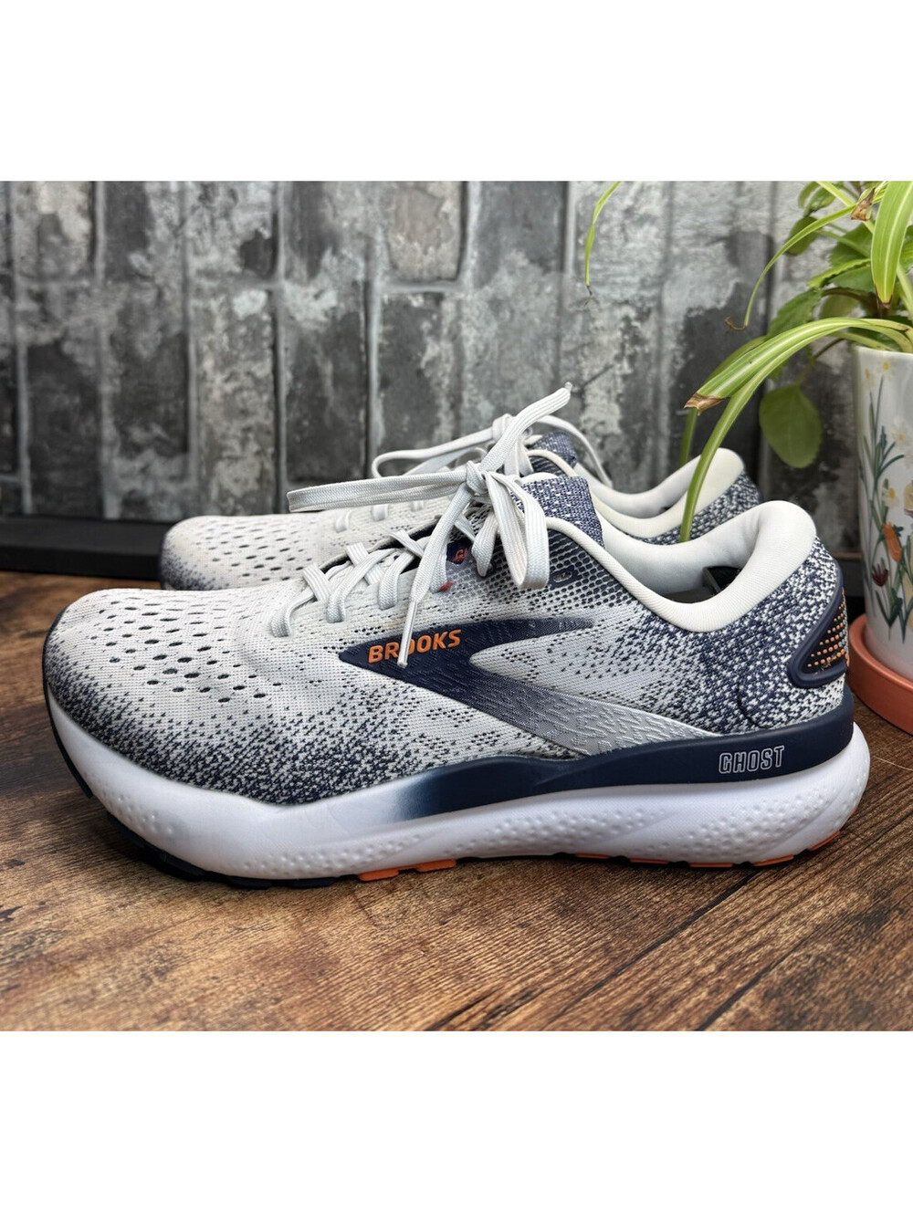 Brooks Ghost 16 White/Peacoat/Orange Speckled Low Top Lace-Up Sneaker